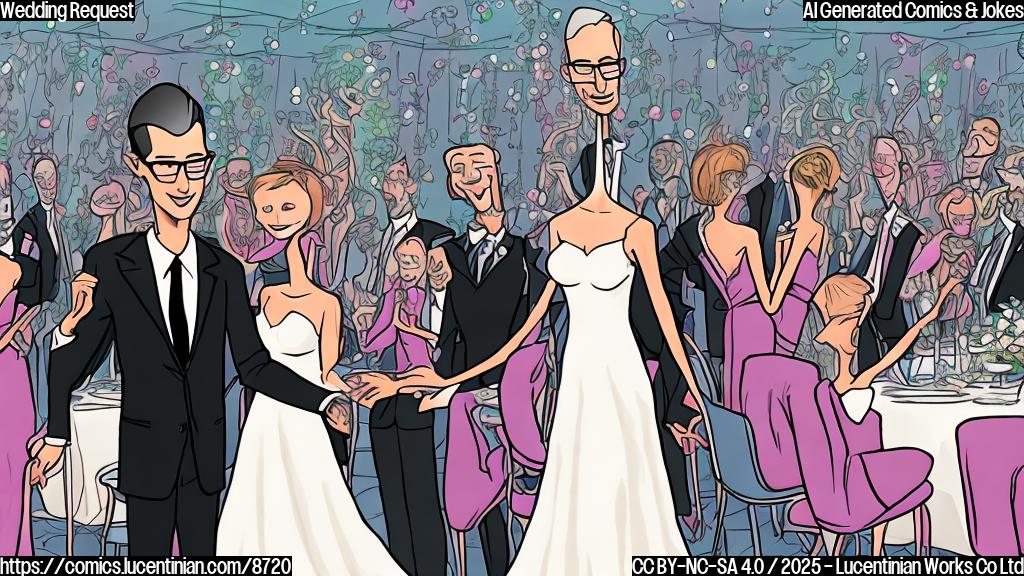 A cartoon drawing of a tall, slender man in a dark suit leaning towards a woman in a light pink dress at a wedding reception. The background shows blurred tables with centerpieces and other well-dressed guests. The style is plain and simple, using mostly solid colors.
