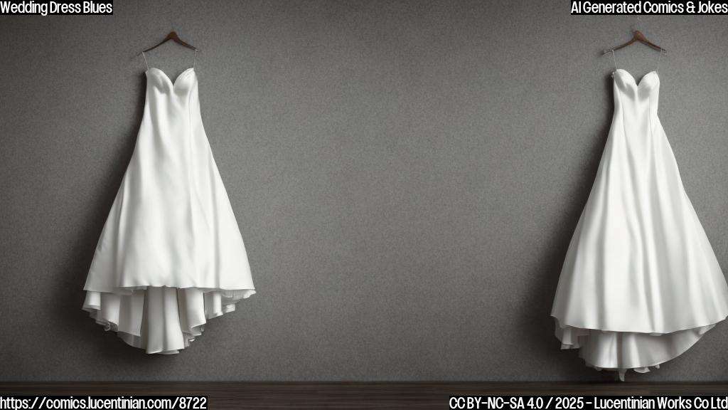 A simple cartoon image of a white wedding dress hanging sadly with a price tag showing an exorbitant amount. The background is a plain light blue.