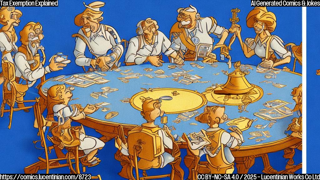 A cartoon image with a plain light blue background. A group of seven stylized figures, each representing a nation, are gathered around a large table. One figure, depicted in the colors of the American flag but without actual flag imagery, is being handed a golden key by the others. The key has a label that reads "Tax Exemption". The figures around the table are smiling, while the figure receiving the key has a slightly smug expression. The overall style is simple, cartoonish, and uses flat colors.