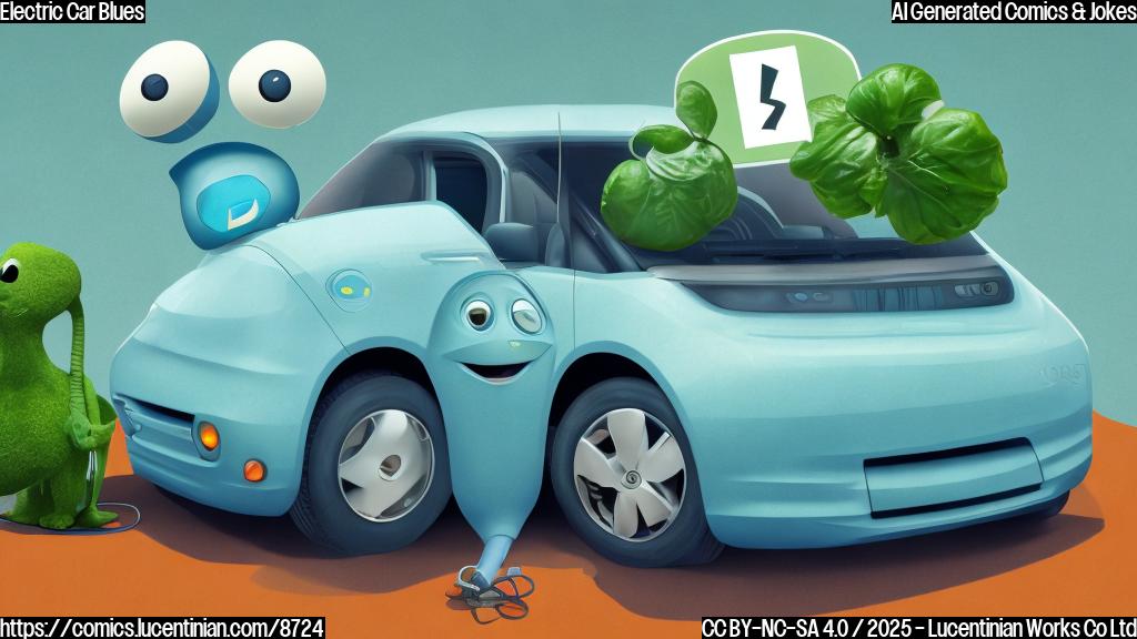 A sad, light blue cartoon electric car with big, tearful eyes parked next to a wilting green dollar sign. The background is a plain orange color.