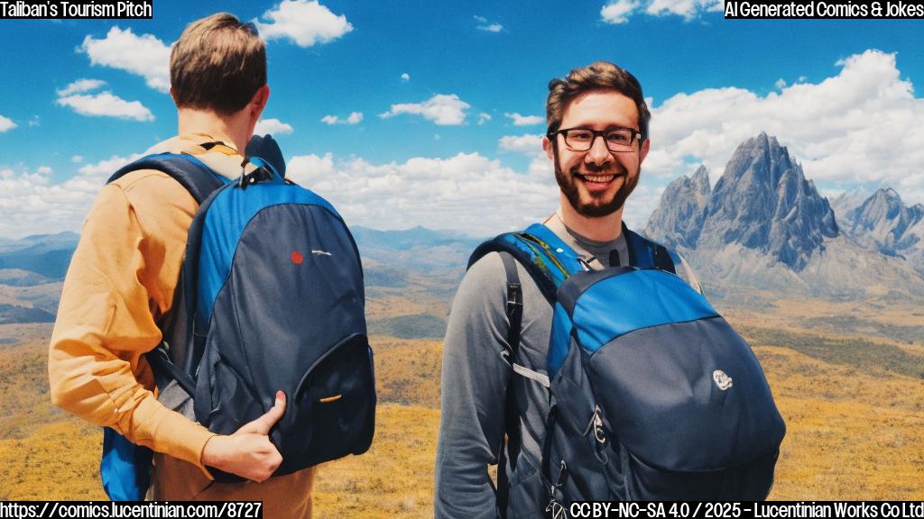 Cartoon style drawing of a smiling, generically-dressed tourist with a backpack standing in front of a simple mountain range with a clear blue sky. The mountain range should be plain green.