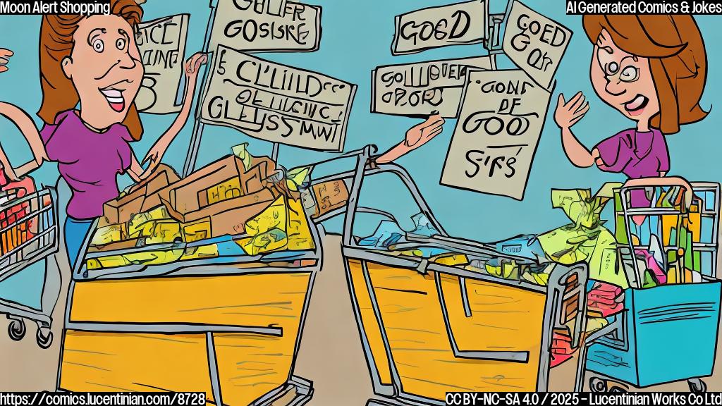 Cartoon style image of a confused shopper with a shopping cart overflowing with strange items, standing in front of signs pointing in opposite directions labeled "Good Deals" and "Clearance of Delusion". The background is a plain light yellow color.