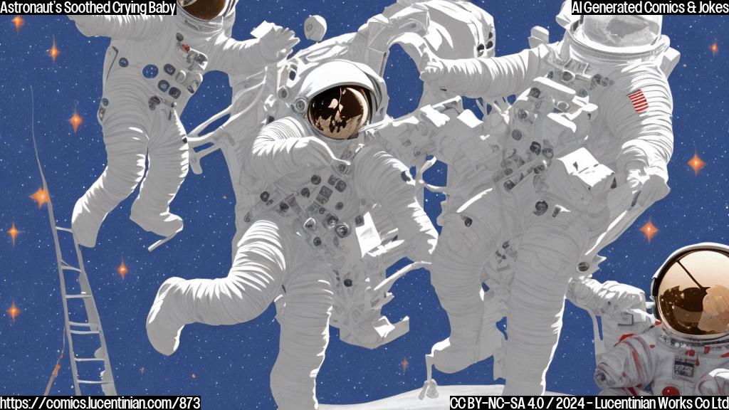 Illustrate an astronaut holding a baby, with a ladder in the background, both characters wearing space suits. The baby is calm and smiling, while the astronaut has a relieved expression on his face.