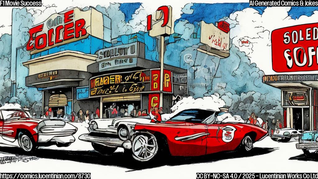 A plain color cartoon style picture of a red race car speeding past a movie theater with a giant "SOLD OUT" sign. The car has a surprised and happy expression.