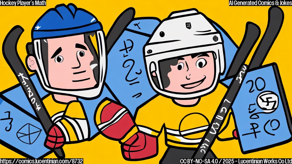 Cartoon illustration, plain color background, a hockey player in full gear holding a math textbook with a confused expression.