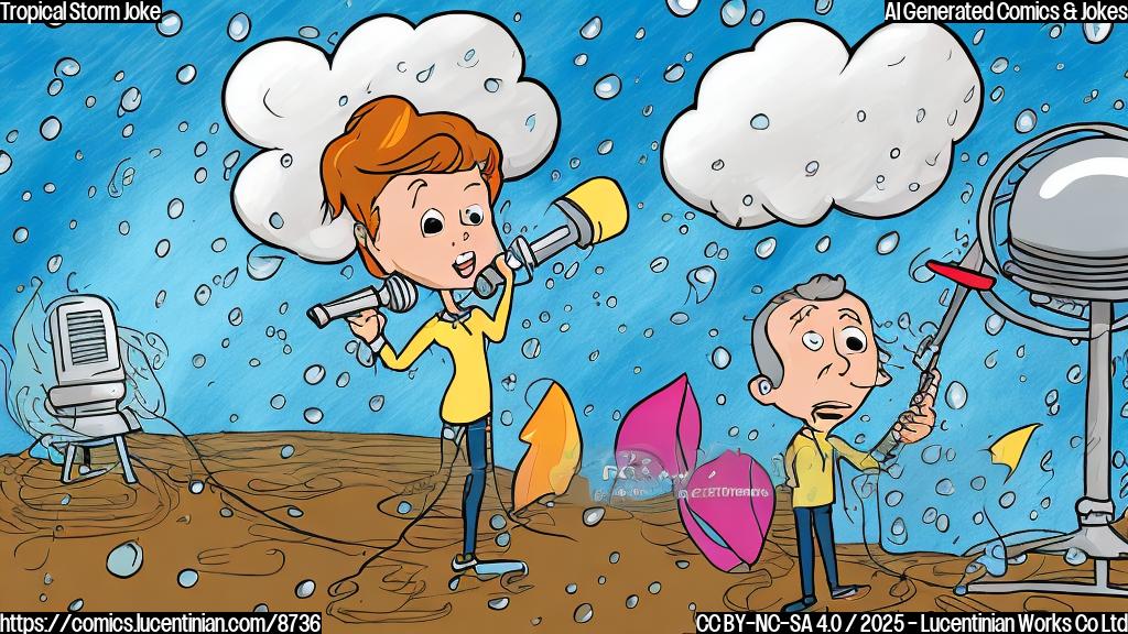 a cartoon image of a weather reporter with a microphone standing next to a large, swirling cartoon cloud with raindrops. The reporter is holding a small ladder and looking nervously at the cloud. The background is a plain light blue color.