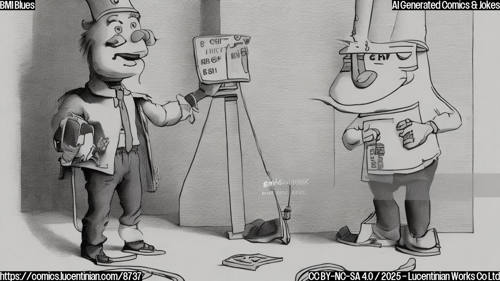 a simple, plain color cartoon style picture of a frowning, anthropomorphic measuring tape with "BMI" written on it, standing in a corner with a dunce cap on its head. The background is a light blue.