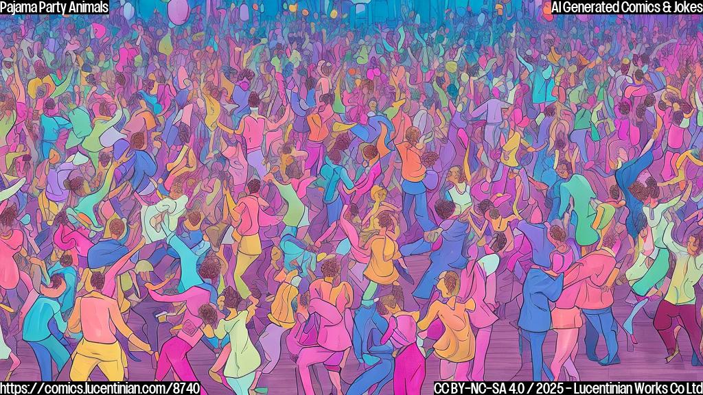 cartoon style image of a crowded dance floor with people in pajamas dancing wildly. The color theme is soft and dreamlike, with pastel shades dominating. One figure, slightly larger than the others, is surrounded by a spotlight, and appears to be dancing more energetically than anyone else.