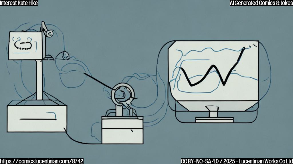 A cartoon style image of a sad, anthropomorphic graph with downward sloping curves, contrasted with a stern-looking, rectangular box with an "Interest Rate" label, relentlessly turning a crank that is visibly raising the graph's interest payment. The background is a plain light blue color.