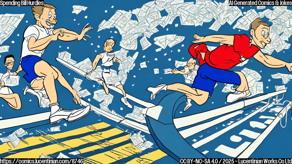 Cartoon style image of a blue spending bill wearing athletic clothes jumping over a hurdle on a track. The finish line is in the distance.