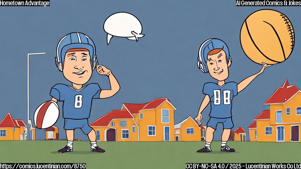 A cartoon image of a football player wearing a helmet and shoulder pads, standing next to a house with a thought bubble above his head showing a comfy bed. The background is a football field fading into a residential neighborhood. The overall style is simple, plain colors, and cartoonish.