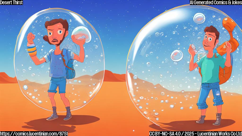 Cartoon style illustration of a parched traveler in a generic desert, wearing tattered clothes and carrying a large sheet of bubble wrap. The bubble wrap is collecting water droplets from the air. The background is a simplified desert landscape with a clear blue sky. The color palette is bright and cartoonish.