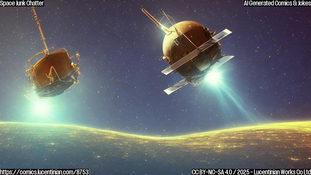 a plain color cartoon style picture of a rusty, old satellite with an antenna emitting a bright radio wave, floating in dark space