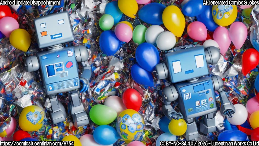 A plain color cartoon style picture. A sad looking blue robot with a screen face showing a frowning emoji is standing in front of a pile of discarded party decorations like deflated balloons and crumpled streamers. The robot is labeled with the number 16 on its chest.