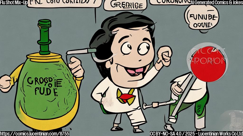 a cartoon illustration of a green colored syringe with the label "COVID" looking scared and running away from a red colored syringe with the label "Flu", the background is plain light blue