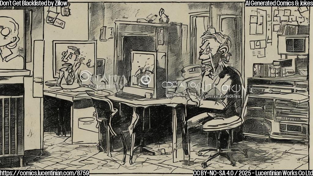 A cartoon of a person sitting at a computer, surrounded by empty and fictional house listings, with a worried expression on their face. The person is wearing a "for sale" sign around their neck.