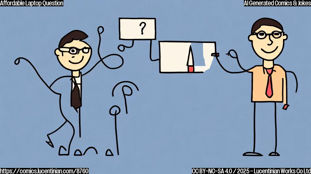 A very simple cartoon drawing, plain light blue background. A stick figure person with glasses joyfully holding a laptop with a big question mark on the screen. The laptop is very thin and the person is smiling widely.