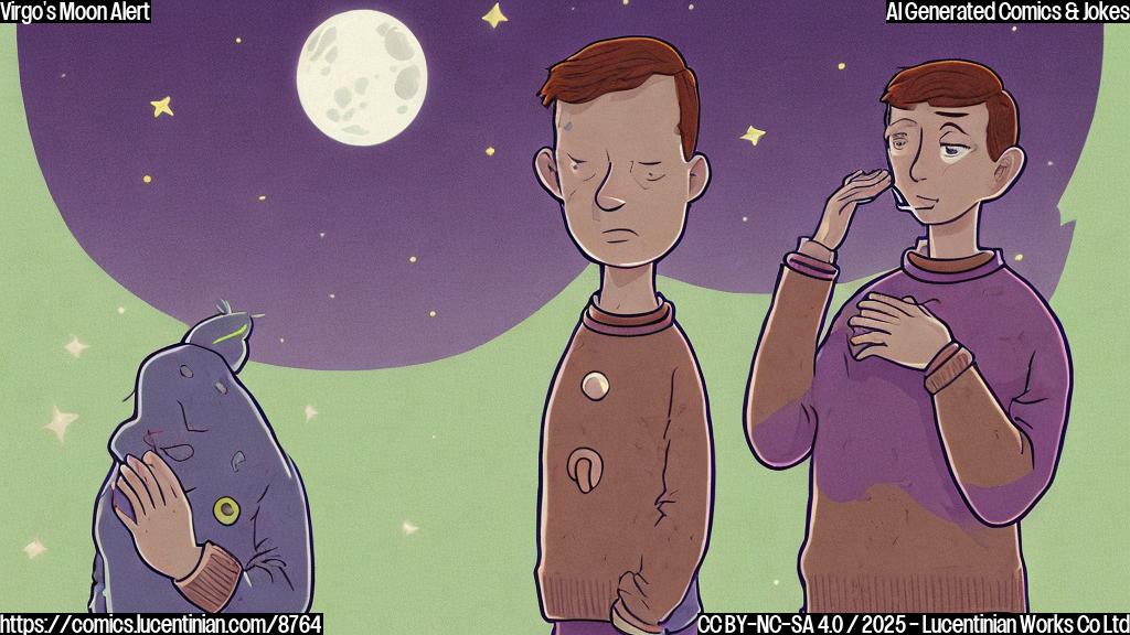 A cartoon-style image of a nervous-looking, light-skinned human figure with short brown hair, wearing a purple sweater, biting their nails and sweating, standing under a crescent moon with a concerned expression on its face. The background is a plain pale green color.