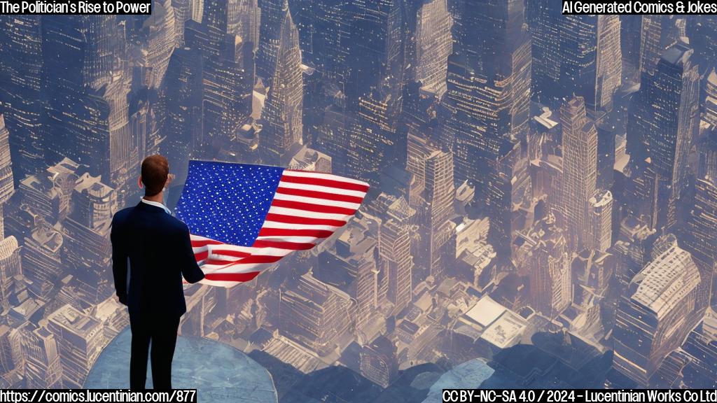 A person stands at the bottom of a large stage, with a large American flag behind them. They are holding a small step stool and wearing a suit with an American tie. The background is a cityscape with many people watching from the audience.