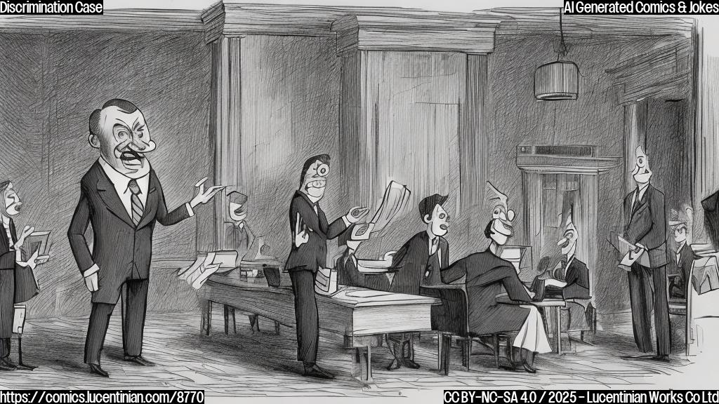 A cartoon drawing of a university building looking stressed and sweating while being yelled at by a person in a business suit holding a document labeled "Civil Rights". The building has a worried expression. The background is a plain light blue color.