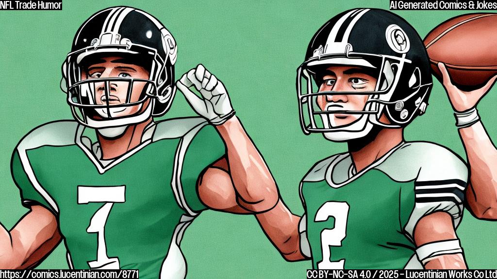 A cartoon drawing of a football player wearing a helmet, looking confused, standing in front of two team logos, one fading away and the other becoming brighter. The background is a simple plain green color.