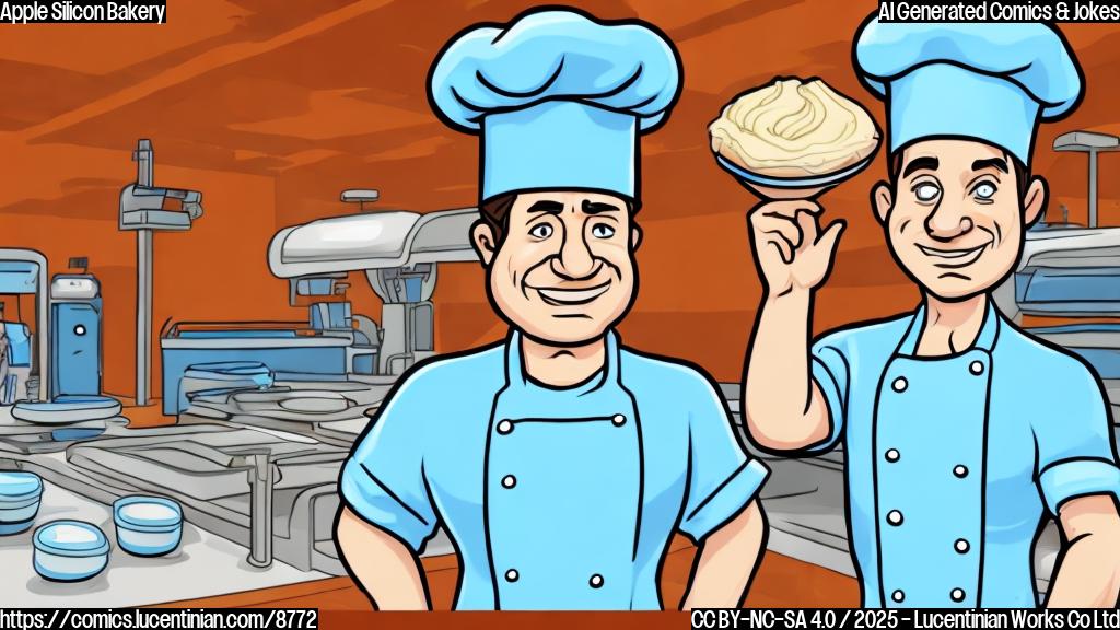 Cartoon style, plain light-blue background. A disgruntled looking baker wearing a white apron and chef's hat stands in front of a conveyor belt. On the conveyor belt are dozens of silicon chips, all identical and boring. The baker has a speech bubble above his head with three zzz's inside.