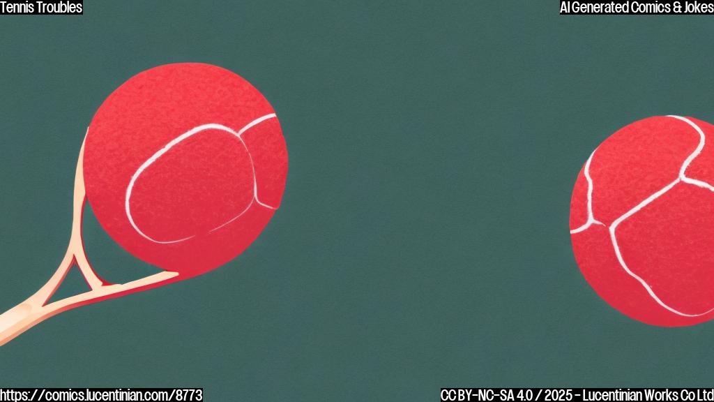 a plain color cartoon style image of a red tennis ball with blushing cheeks looking at a wooden tennis racket that has lost its strings