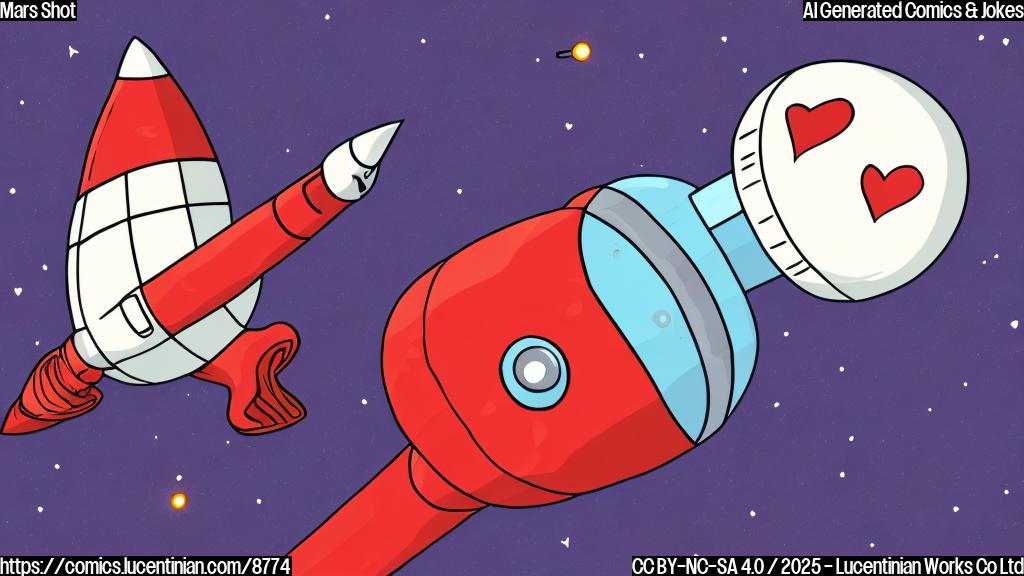 Plain color cartoon of a red rocket with a heart on its side blasting off towards a red planet with cartoon eyes and a flirty smile.