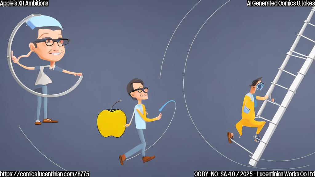 A cartoon image of a short, round Apple engineer with glasses carrying a comically large ladder towards a sleek, futuristic XR headset floating in the air. The background is a plain light blue.