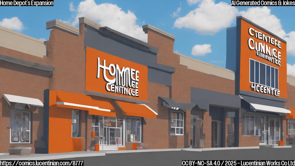 A cartoon style image of an orange and white store labeled "Home Center" shaking hands with a smaller building labeled "Building Supplies Inc.", both smiling. The background is a plain light blue.