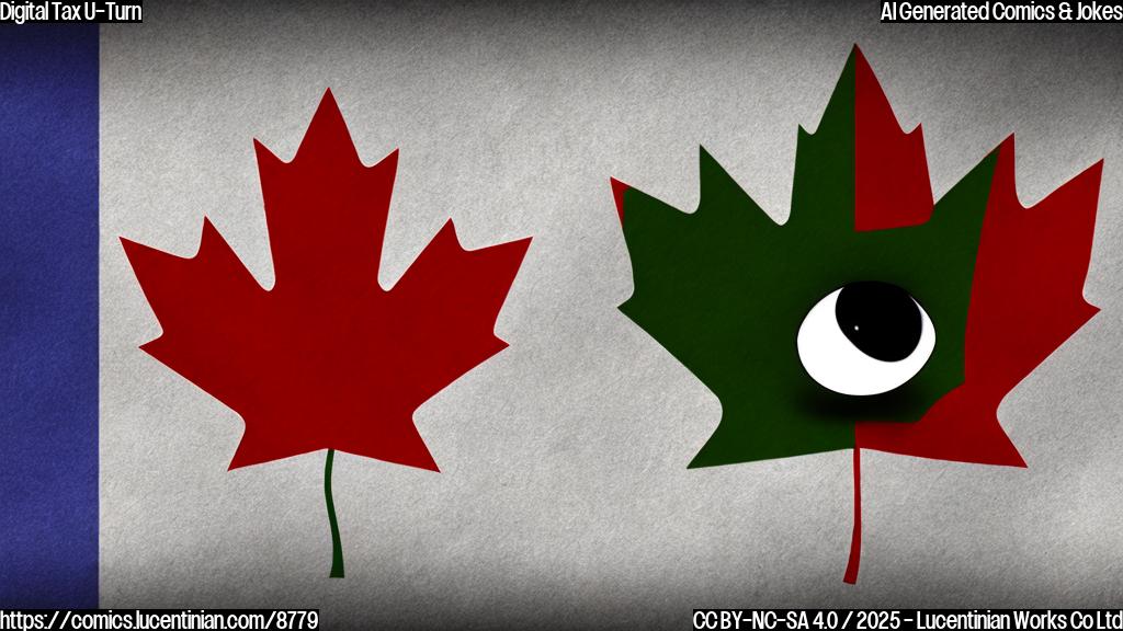 Cartoon image of a maple leaf shaped flag quickly reversing direction, almost crashing into a brick wall colored like the stars and stripes flag. Both flags showing terrified cartoon eyes.
