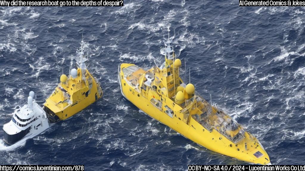 a research vessel with a large propeller and a crew in yellow life jackets is seen sailing towards an underwater landscape with a submarine or remotely operated vehicle (ROV) attached to its hull, and the words "desperate search" are written above it in bold letters.