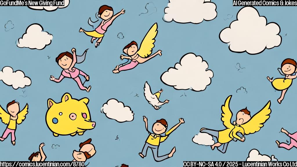 A simple, plain color cartoon image depicting a piggy bank with wings, soaring above a crowd of small, smiling people who are reaching up with outstretched hands. The background is a light blue sky with fluffy white clouds. The style is minimalist and cheerful.