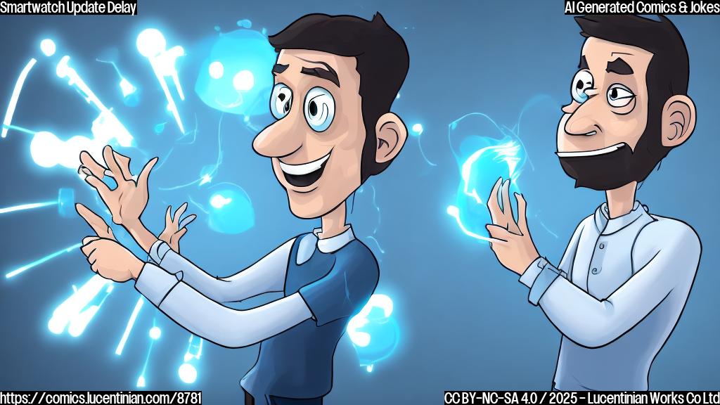 A frustrated cartoon person with visible steam coming from their ears, staring at a cartoon smartwatch displaying a loading icon. The background is a plain light blue.