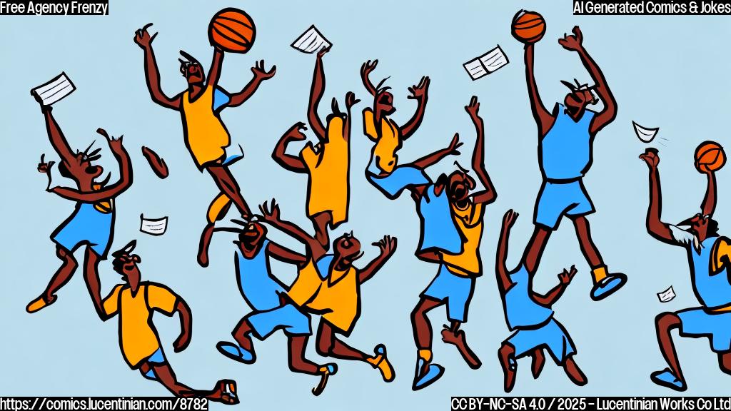 a simple cartoon drawing of a basketball team wearing party hats, jumping excitedly around a table covered in contracts. The background is a plain light blue color.