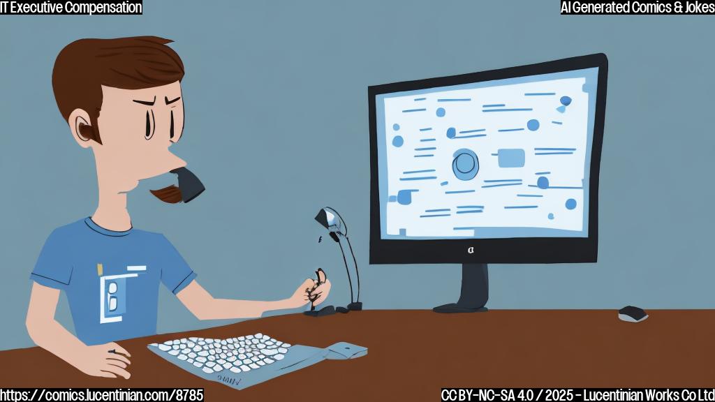 A light blue cartoon image of a frustrated-looking person with short brown hair in a blue shirt, sitting at a desk with a computer. The screen shows an error message. The background is a simple white office space.