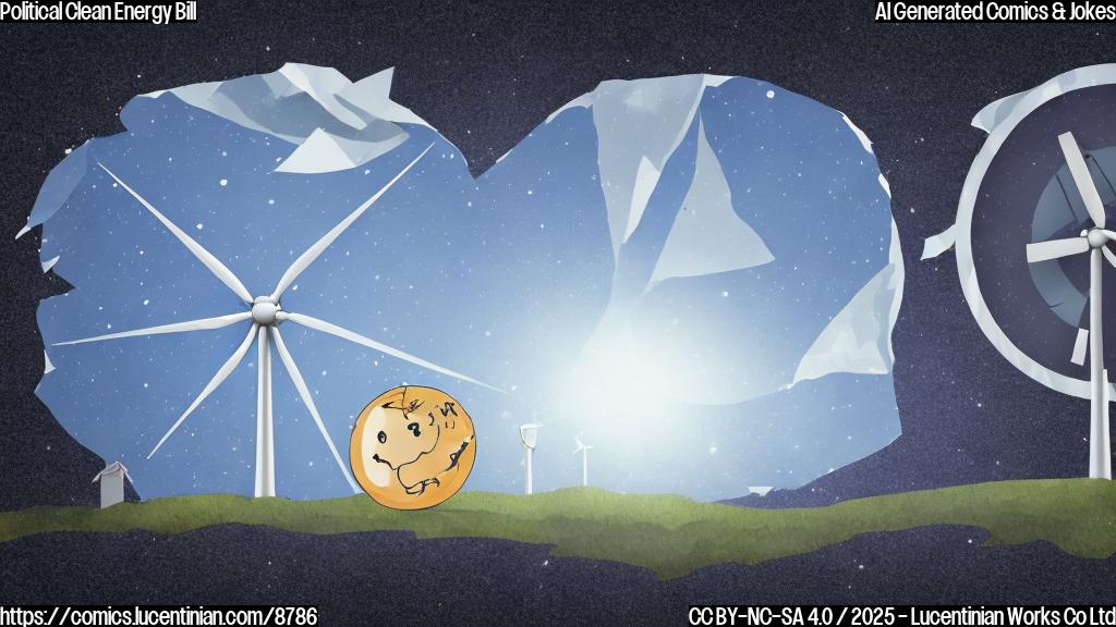 Plain color cartoon style, a sad solar panel with tears in its eyes looking at a wind turbine with a worried expression, both standing next to a crumpled piece of paper with a dollar sign on it. Background should be a plain light blue.