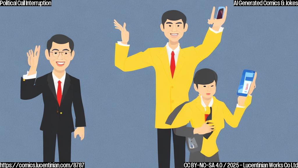 A simple, flat cartoon of a generic politician in Thailand, wearing a traditional business suit, looking surprised as a giant hand labeled "Court" reaches down and disconnects their oversized smartphone. The background is a plain light yellow.