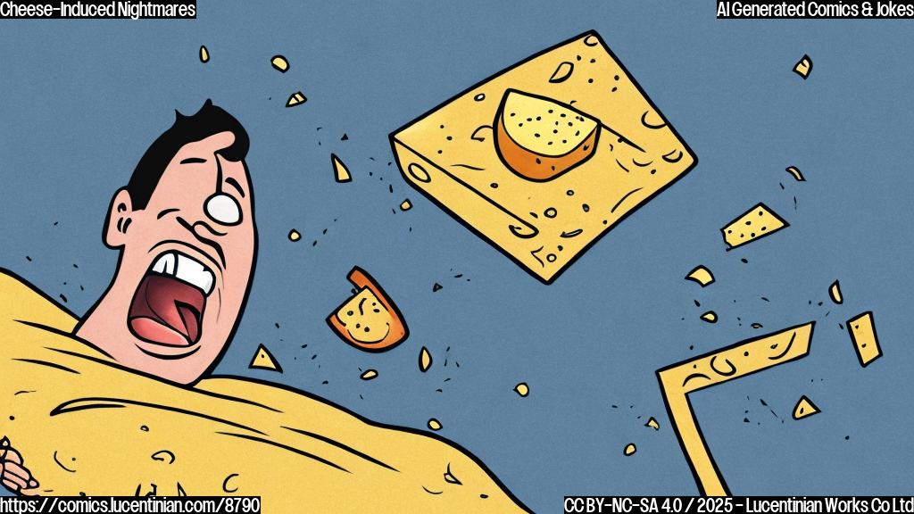 A cartoon style drawing of a person in bed screaming, with a wedge of cheese floating menacingly above them. The background is a plain light blue.