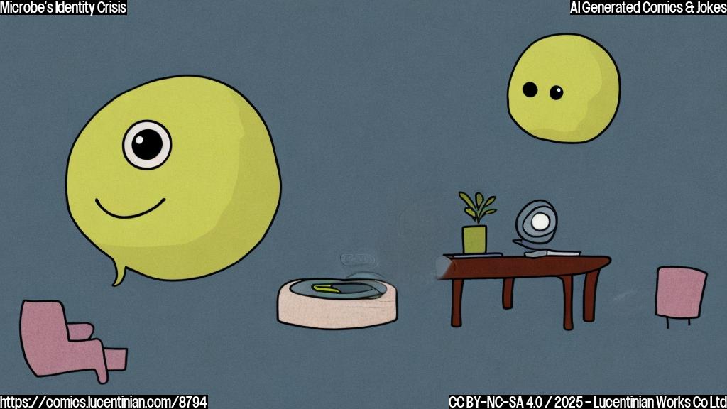 a plain color cartoon of a very small, blob-like creature with one big eye looking confused, sitting on a tiny couch in a therapist's office. The therapist is a larger, more traditionally shaped microbe with glasses and a clipboard. The color is light yellow.