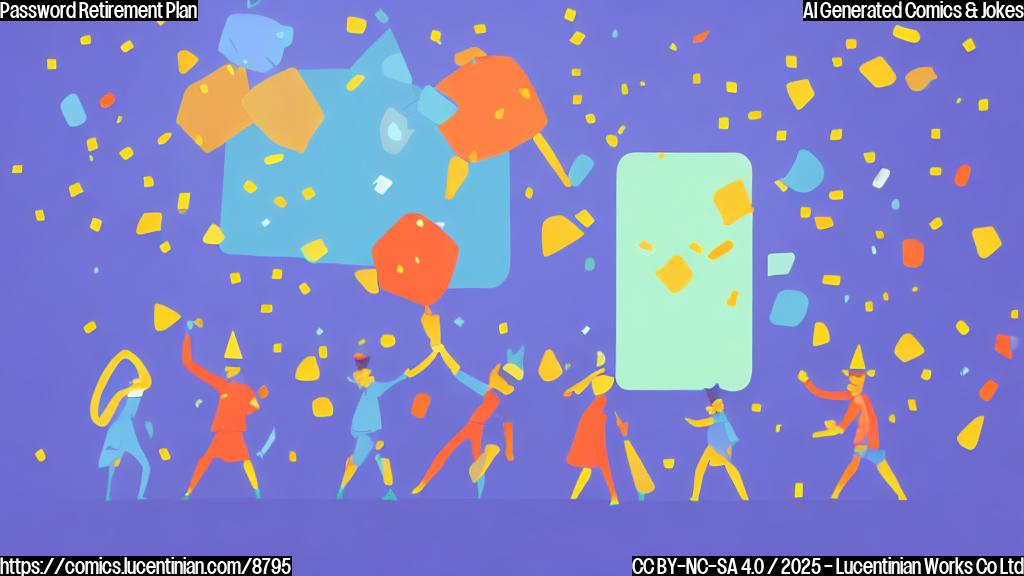 A plain color cartoon image depicting a small, blue authenticator app icon sadly waving goodbye to a group of pixelated passwords wearing party hats and holding canes. Confetti is raining down, but the passwords look dejected.