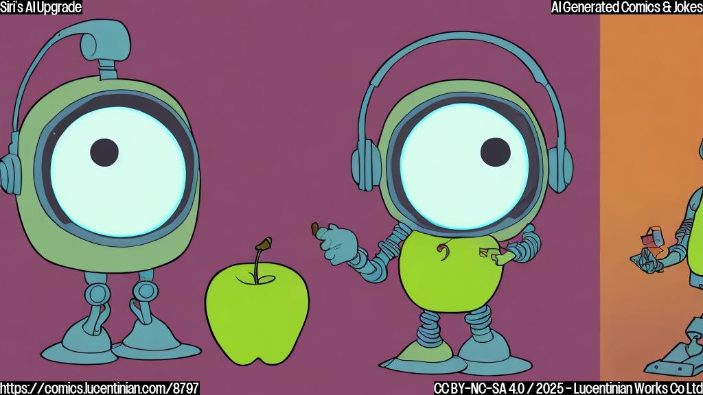 A plain color cartoon style picture of a stylized apple wearing a headset, looking confused, next to a robot with glowing eyes that is winking.