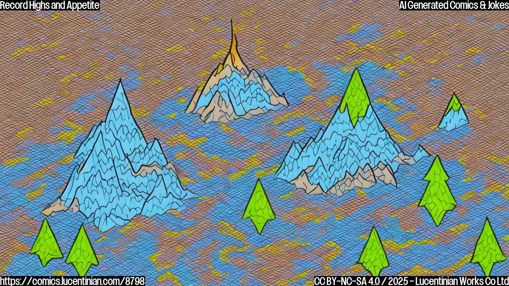 Plain color cartoon style drawing of a stock market graph shaped like a mountain peak being drizzled with donut glaze.