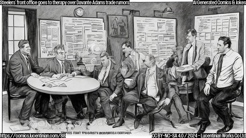 A cartoon of a group of people sitting in a therapist's office, with a large calendar on the wall showing multiple dates marked for different trade negotiations. The Steelers' general manager is holding a football, looking stressed, while the quarterback is rubbing his temples. In the background, a newspaper article about Davante Adams is visible on the coffee table.