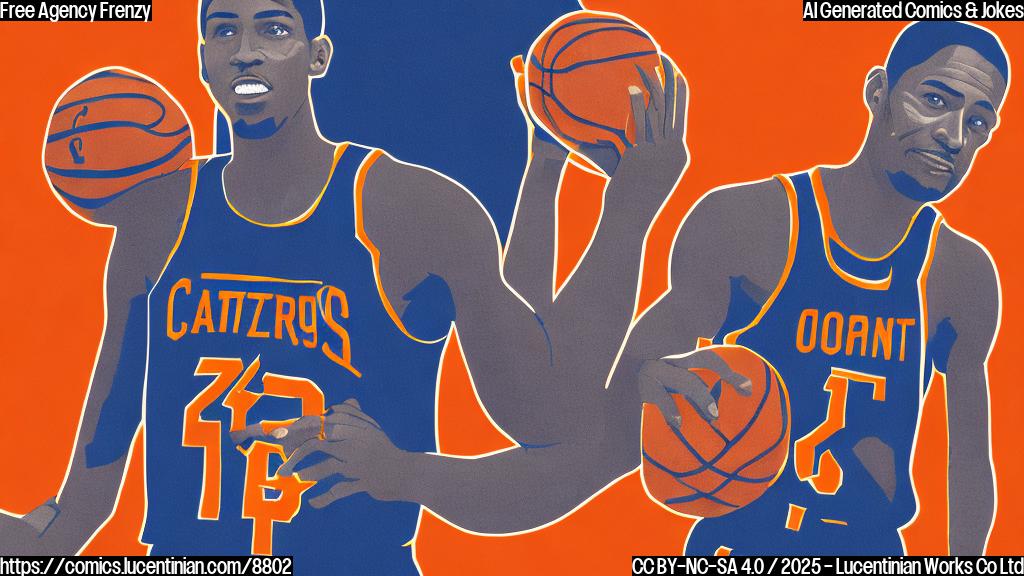 A cartoon-style illustration of a basketball player wearing a jersey with a question mark on it, standing at a desk overflowing with contracts. He's holding a comically large ladder. The background is a plain, bright orange color.