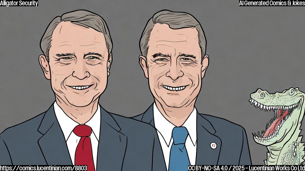 A cartoon-style image of a politician, drawn in a simple, plain color style. He is wearing a suit and tie, with a slightly exaggerated smile. Behind him, a fence with many alligators, drawn in the same style, snapping their jaws.