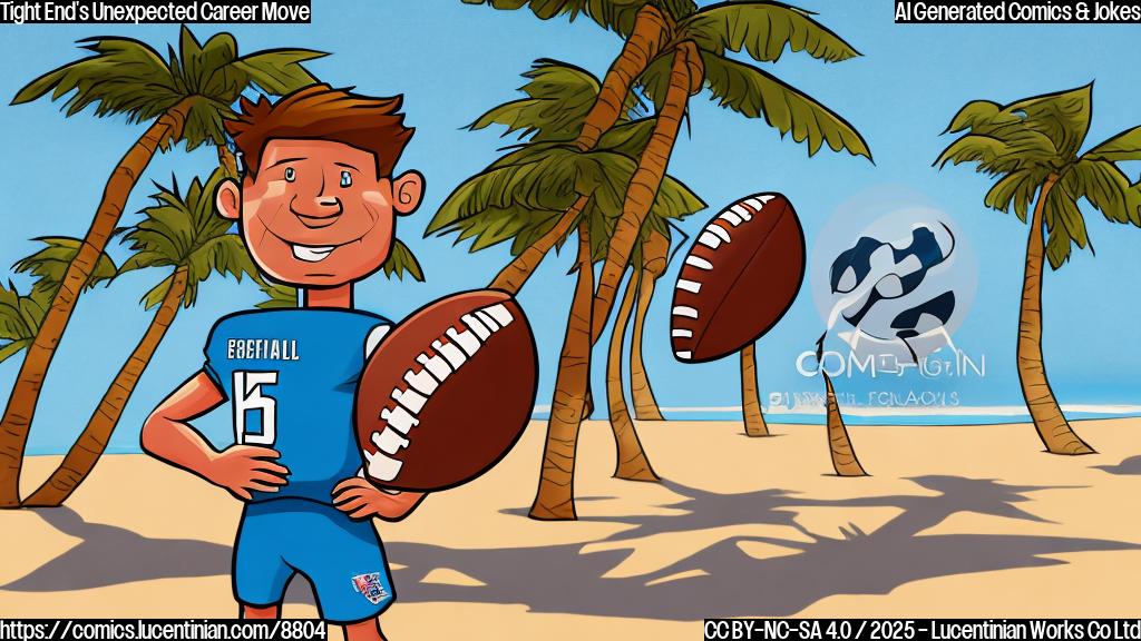 Cartoon style drawing of a football player, wearing a generic jersey (no team logos), packing his suitcase with beach clothes, palm trees in the background, and the text "Un-retirement" above him. Plain colors, light background.