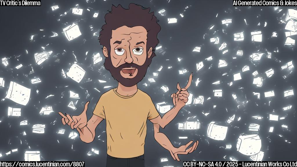 a cartoon image of a person with messy hair sitting in front of a large television screen looking frustrated. The room is dark, illuminated only by the TV's glow. The person is holding a remote control and there are piles of DVDs and streaming device boxes around. The color scheme is predominantly shades of gray and blue, with a single, bright color highlighting the TV screen displaying a generic image of a person saying "The End".