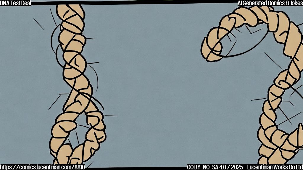 A simple cartoon of a double helix DNA strand looking stressed and hiding behind a curtain, with a speech bubble saying "No more tests!". Background is a plain light blue.