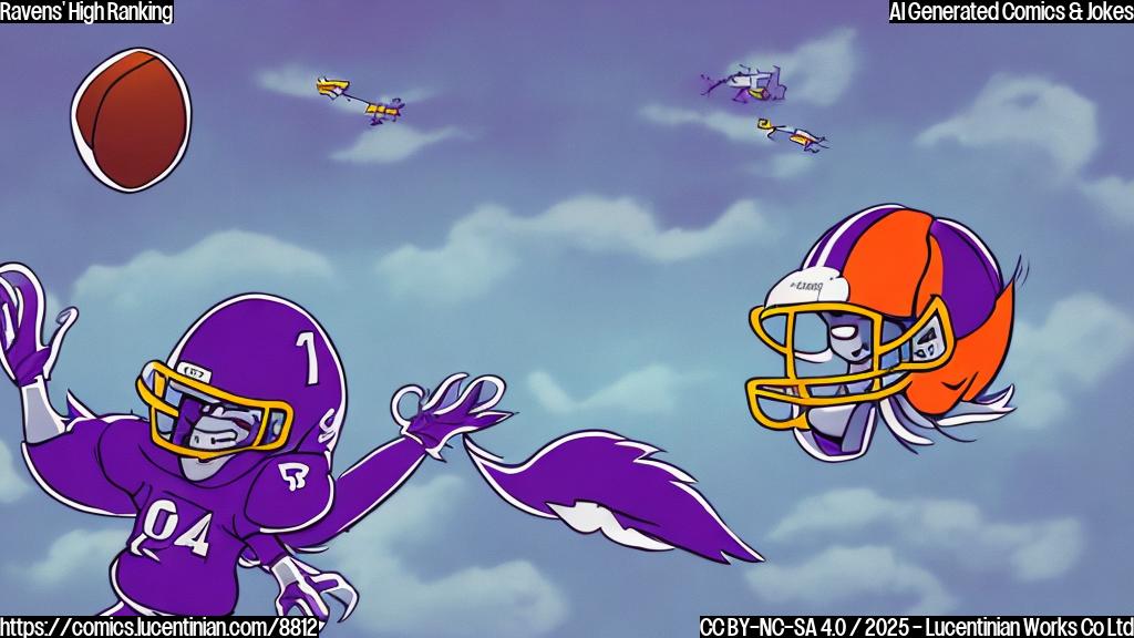 a plain color cartoon style picture of a football team mascot, a purple bird, wearing a football helmet and jersey, flying high in the sky above a football field. The sky is a bright, cheerful blue.